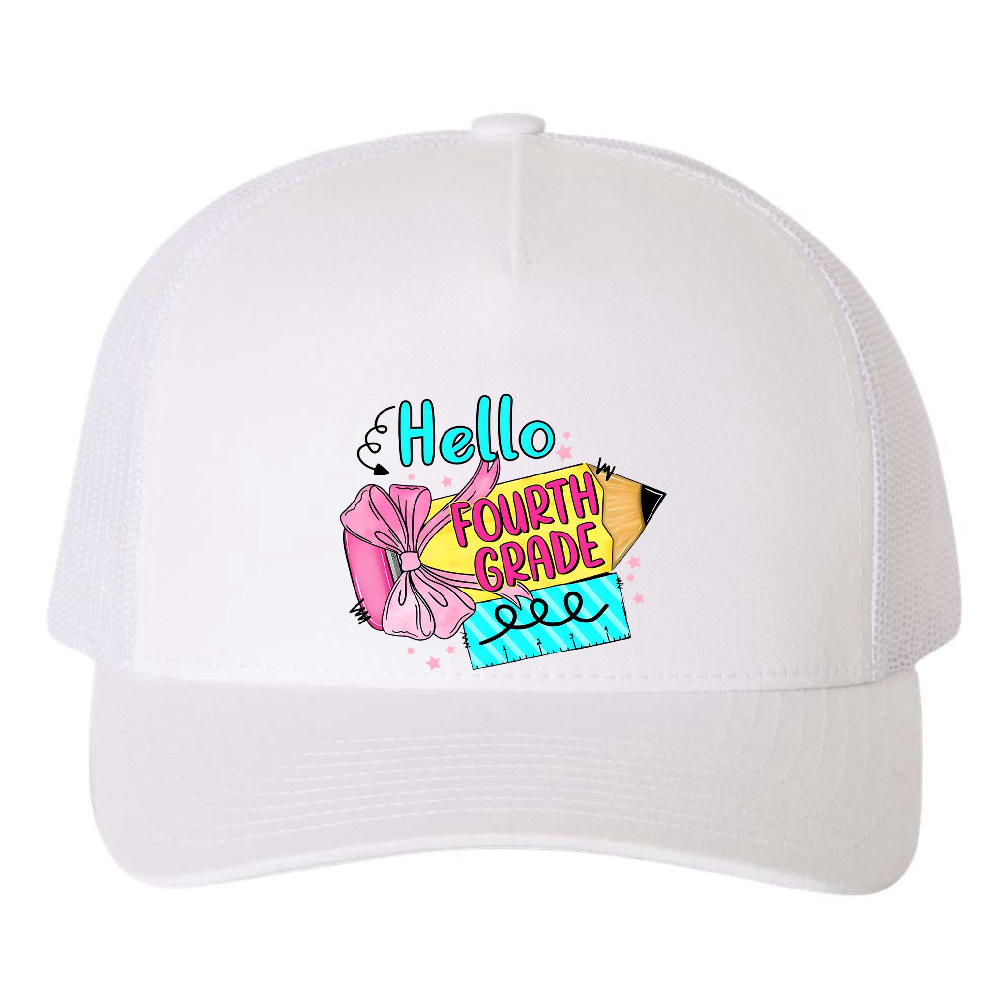 Retro Back To School Hello Fourth Grade Yupoong Adult 5-Panel Trucker Hat