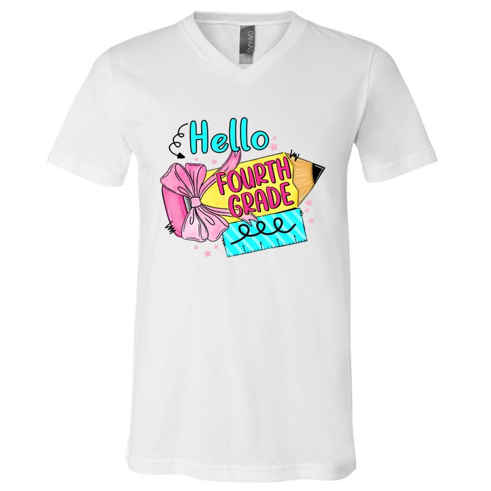 Retro Back To School Hello Fourth Grade V-Neck T-Shirt