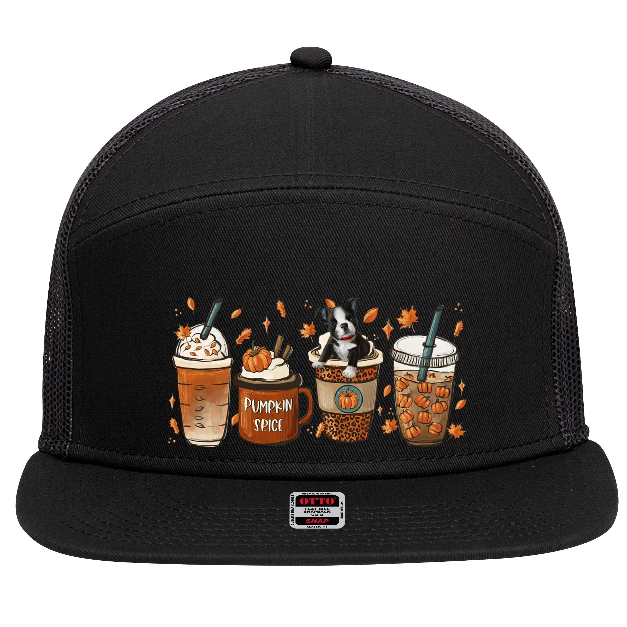 Retro Boston Terriers Lover Pumpkin Spice Coffee Warm Autumn Cool Gift 7 Panel Mesh Trucker Snapback Hat