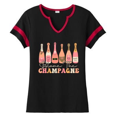 Retro Blame The Champagne Happy New Year 2024 Party Friends Ladies Halftime Notch Neck Tee