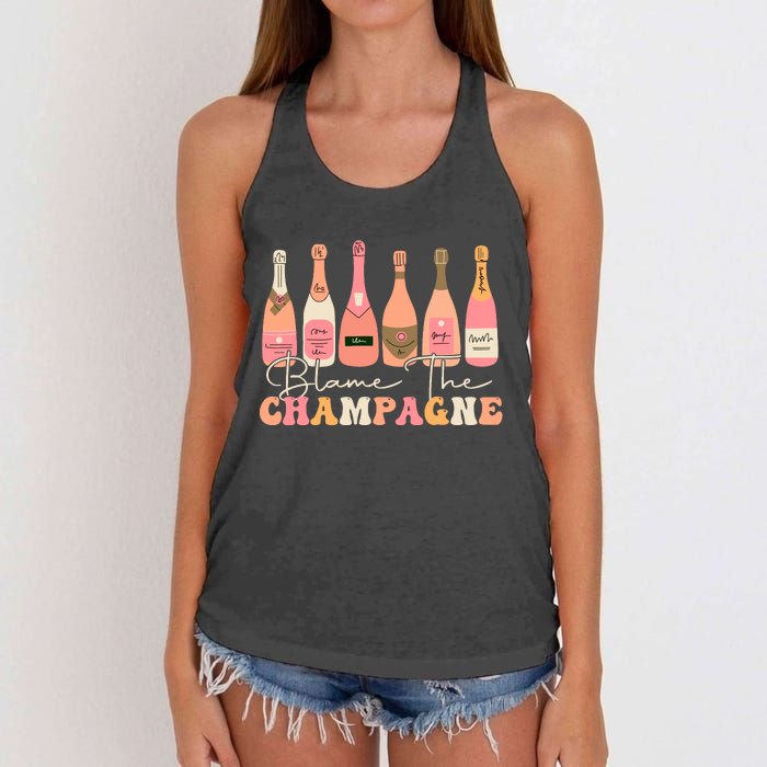 Retro Blame The Champagne Happy New Year 2024 Party Friends Women's Knotted Racerback Tank