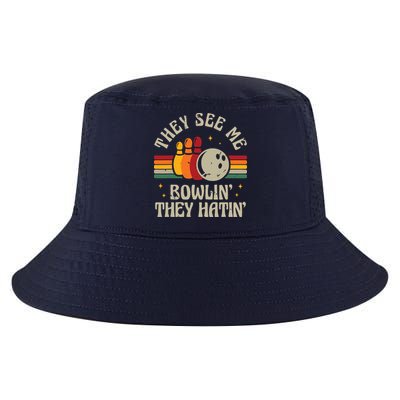 Retro Bowling They See Me Bowlin' They Hatin' Vintage Bowler Cool Comfort Performance Bucket Hat