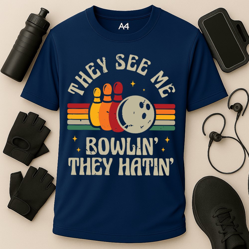 Retro Bowling They See Me Bowlin' They Hatin' Vintage Bowler Cooling Performance Crew T-Shirt