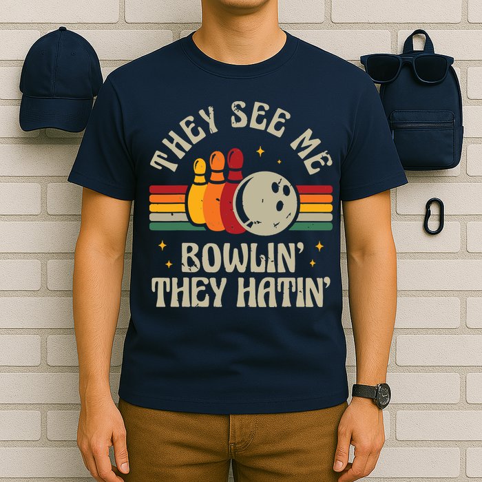 Retro Bowling They See Me Bowlin' They Hatin' Vintage Bowler T-Shirt