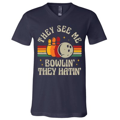 Retro Bowling They See Me Bowlin' They Hatin' Vintage Bowler V-Neck T-Shirt