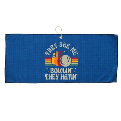 Retro Bowling They See Me Bowlin' They Hatin' Vintage Bowler Large Microfiber Waffle Golf Towel