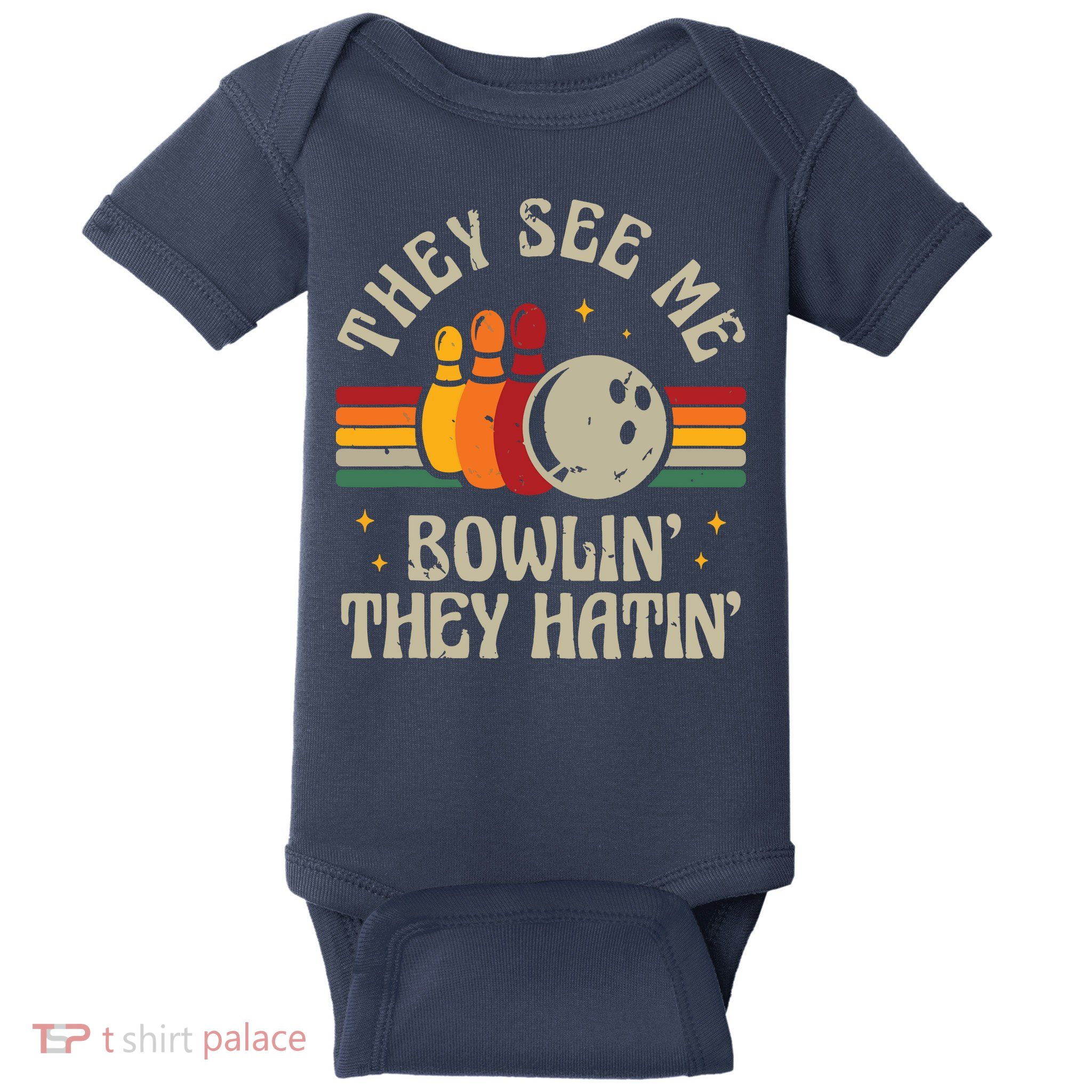 Retro Bowling They See Me Bowlin' They Hatin' Vintage Bowler Baby Bodysuit