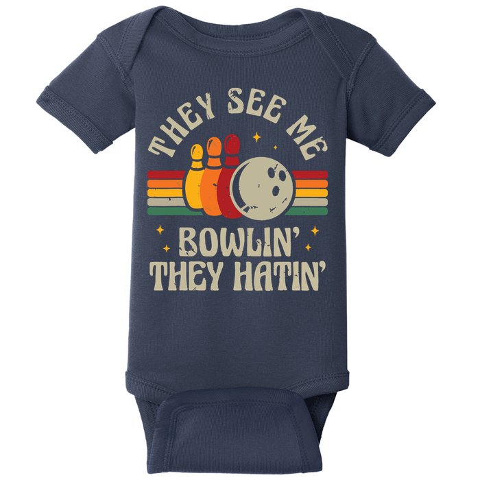 Retro Bowling They See Me Bowlin' They Hatin' Vintage Bowler Baby Bodysuit
