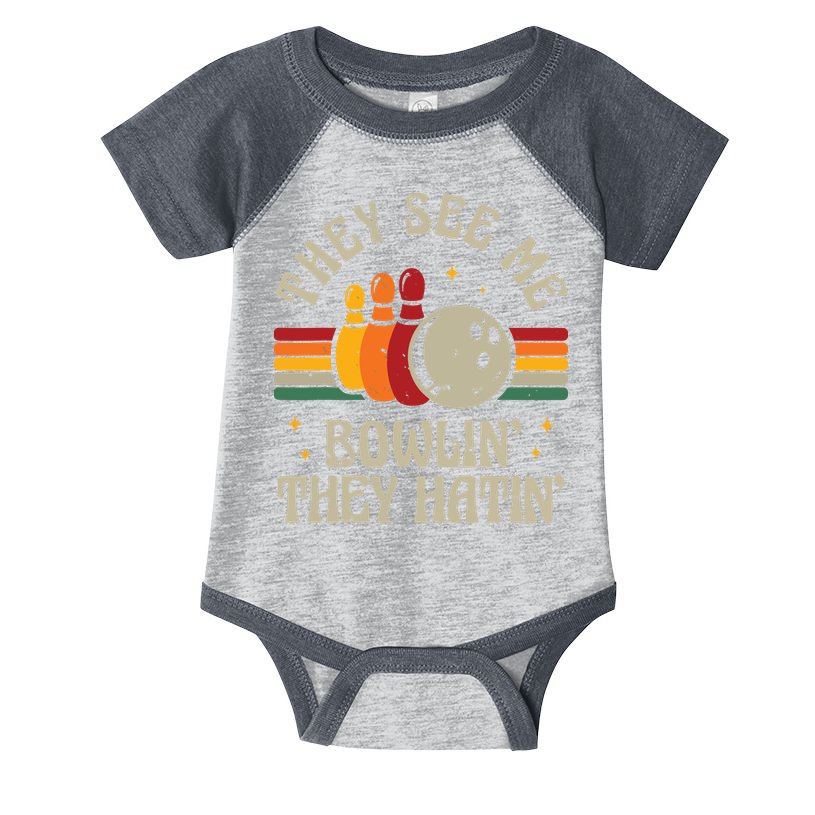 Retro Bowling They See Me Bowlin' They Hatin' Vintage Bowler Infant Baby Jersey Bodysuit