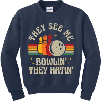 Retro Bowling They See Me Bowlin' They Hatin' Vintage Bowler Kids Sweatshirt