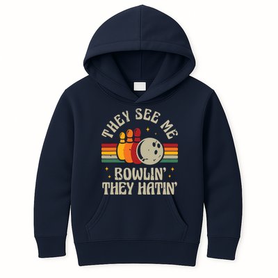 Retro Bowling They See Me Bowlin' They Hatin' Vintage Bowler Kids Hoodie