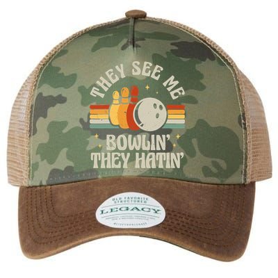 Retro Bowling They See Me Bowlin' They Hatin' Vintage Bowler Legacy Tie Dye Trucker Hat
