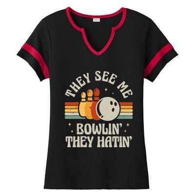 Retro Bowling They See Me Bowlin' They Hatin' Vintage Bowler Ladies Halftime Notch Neck Tee