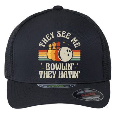 Retro Bowling They See Me Bowlin' They Hatin' Vintage Bowler Flexfit Unipanel Trucker Cap