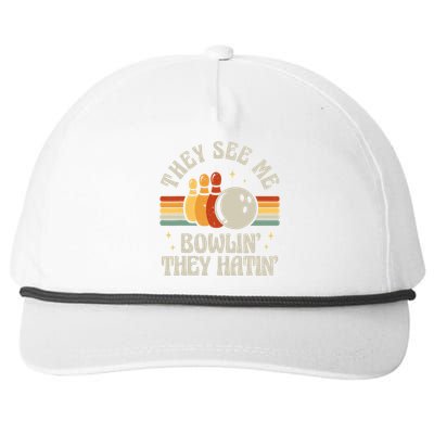 Retro Bowling They See Me Bowlin' They Hatin' Vintage Bowler Snapback Five-Panel Rope Hat