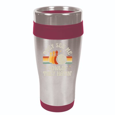 Retro Bowling They See Me Bowlin' They Hatin' Vintage Bowler 16oz Travel Tumbler
