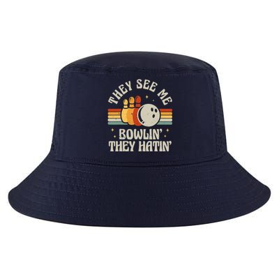 Retro Bowling They See Me Bowlin' They Hatin' Vintage Bowler Cool Comfort Performance Bucket Hat