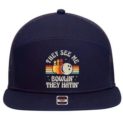 Retro Bowling They See Me Bowlin' They Hatin' Vintage Bowler 7 Panel Mesh Trucker Snapback Hat