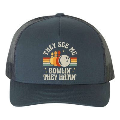 Retro Bowling They See Me Bowlin' They Hatin' Vintage Bowler Yupoong Adult 5-Panel Trucker Hat