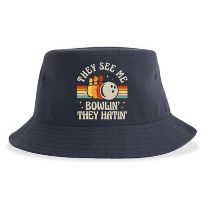 Retro Bowling They See Me Bowlin' They Hatin' Vintage Bowler Sustainable Bucket Hat