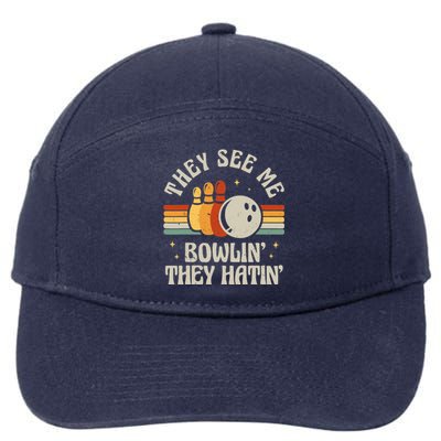 Retro Bowling They See Me Bowlin' They Hatin' Vintage Bowler 7-Panel Snapback Hat