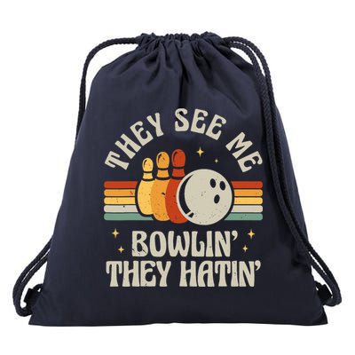 Retro Bowling They See Me Bowlin' They Hatin' Vintage Bowler Drawstring Bag