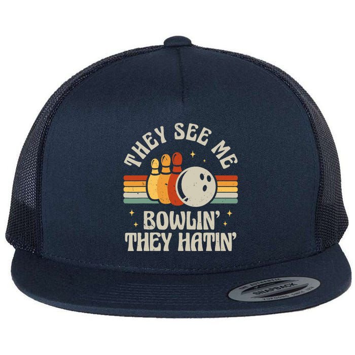 Retro Bowling They See Me Bowlin' They Hatin' Vintage Bowler Flat Bill Trucker Hat