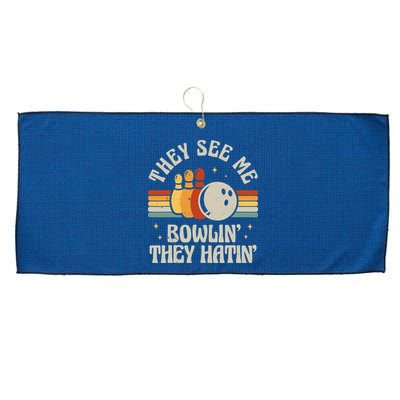 Retro Bowling They See Me Bowlin' They Hatin' Vintage Bowler Large Microfiber Waffle Golf Towel