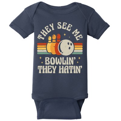 Retro Bowling They See Me Bowlin' They Hatin' Vintage Bowler Baby Bodysuit