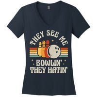 Retro Bowling They See Me Bowlin' They Hatin' Vintage Bowler Women's V-Neck T-Shirt
