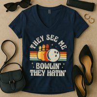 Retro Bowling They See Me Bowlin' They Hatin' Vintage Bowler Women's V-Neck T-Shirt