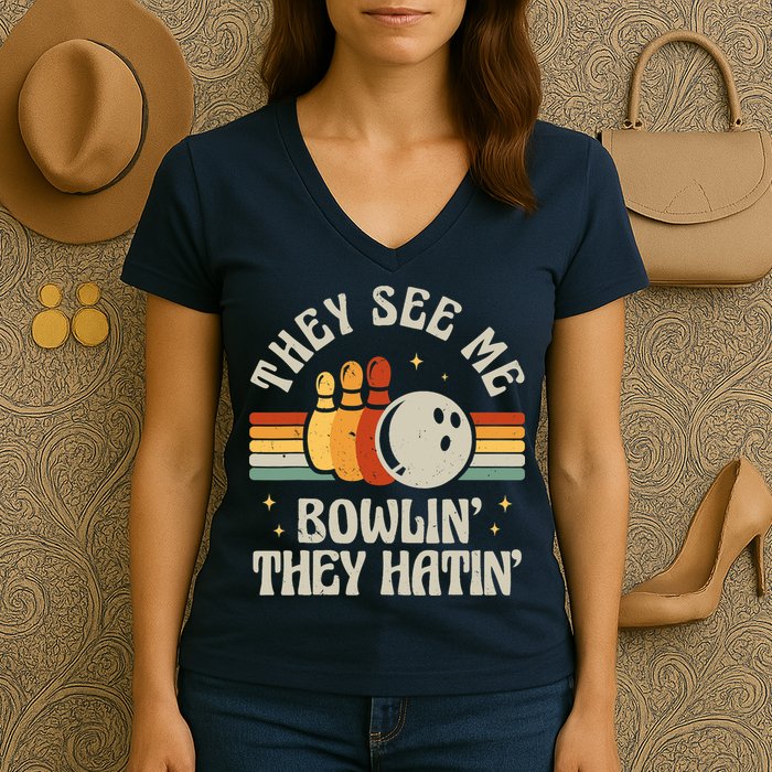 Retro Bowling They See Me Bowlin' They Hatin' Vintage Bowler Women's V-Neck T-Shirt