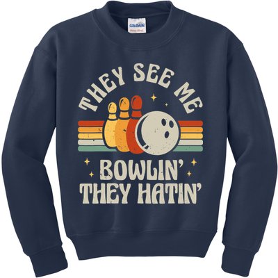 Retro Bowling They See Me Bowlin' They Hatin' Vintage Bowler Kids Sweatshirt