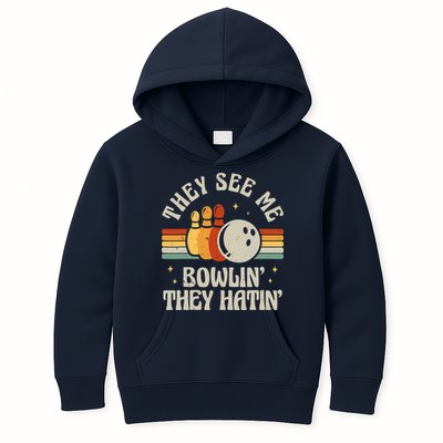 Retro Bowling They See Me Bowlin' They Hatin' Vintage Bowler Kids Hoodie