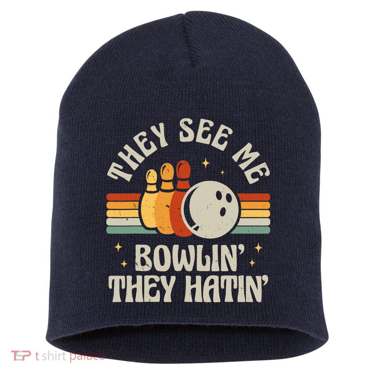 Retro Bowling They See Me Bowlin' They Hatin' Vintage Bowler Short Acrylic Beanie