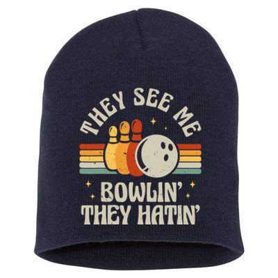 Retro Bowling They See Me Bowlin' They Hatin' Vintage Bowler Short Acrylic Beanie