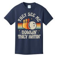 Retro Bowling They See Me Bowlin' They Hatin' Vintage Bowler Kids T-Shirt