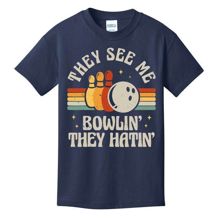 Retro Bowling They See Me Bowlin' They Hatin' Vintage Bowler Kids T-Shirt