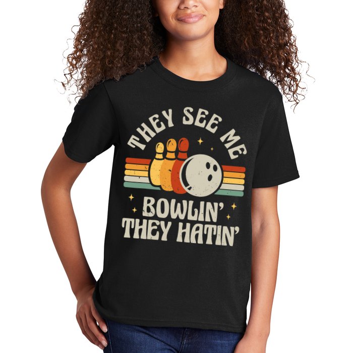 Retro Bowling They See Me Bowlin' They Hatin' Vintage Bowler Kids T-Shirt