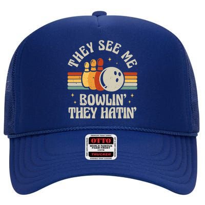 Retro Bowling They See Me Bowlin' They Hatin' Vintage Bowler High Crown Mesh Back Trucker Hat