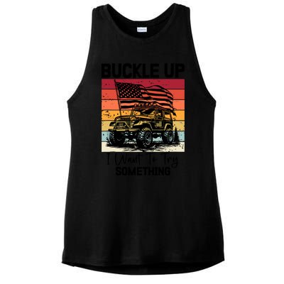 Retro Buckle Up I Want To Try Something Offroad Usa Car Ladies PosiCharge Tri-Blend Wicking Tank