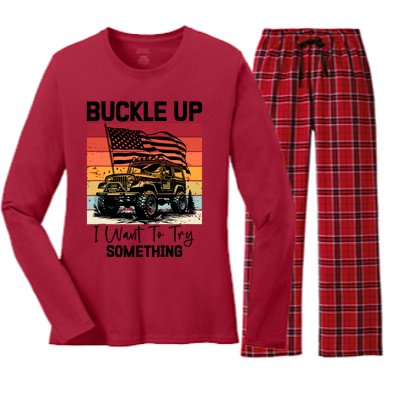 Retro Buckle Up I Want To Try Something Offroad Usa Car Women's Long Sleeve Flannel Pajama Set 