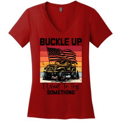 Retro Buckle Up I Want To Try Something Offroad Usa Car Women's V-Neck T-Shirt