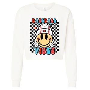 retro Baseball Vibes Funny Baseball Smile Face Meme Cropped Pullover Crew