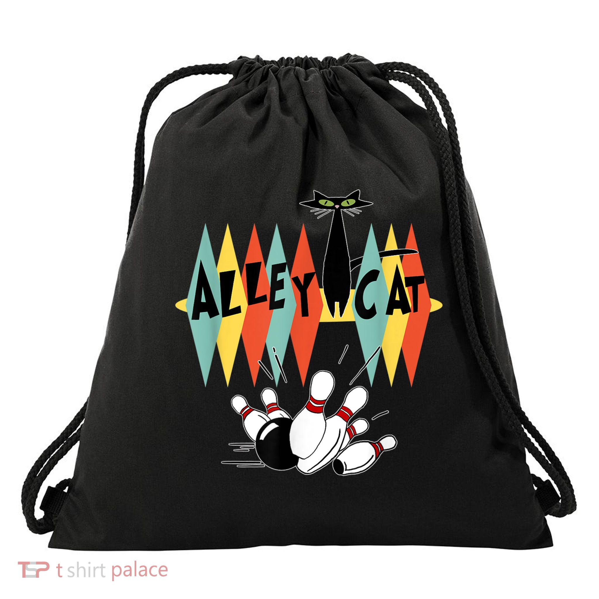 Retro Bowling Vintage Bowler Alley Cat Vintage Drawstring Bag