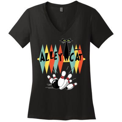 Retro Bowling Vintage Bowler Alley Cat Vintage Women's V-Neck T-Shirt