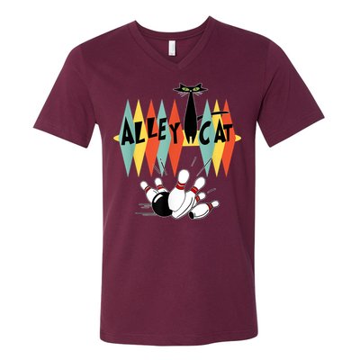Retro Bowling Vintage Bowler Alley Cat Vintage V-Neck T-Shirt
