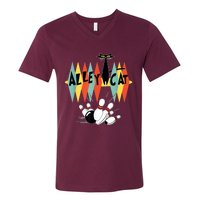 Retro Bowling Vintage Bowler Alley Cat Vintage V-Neck T-Shirt