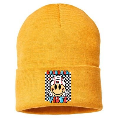 Retro Baseball Vibes Funny Baseball Smile Face Meme Sustainable Knit Beanie