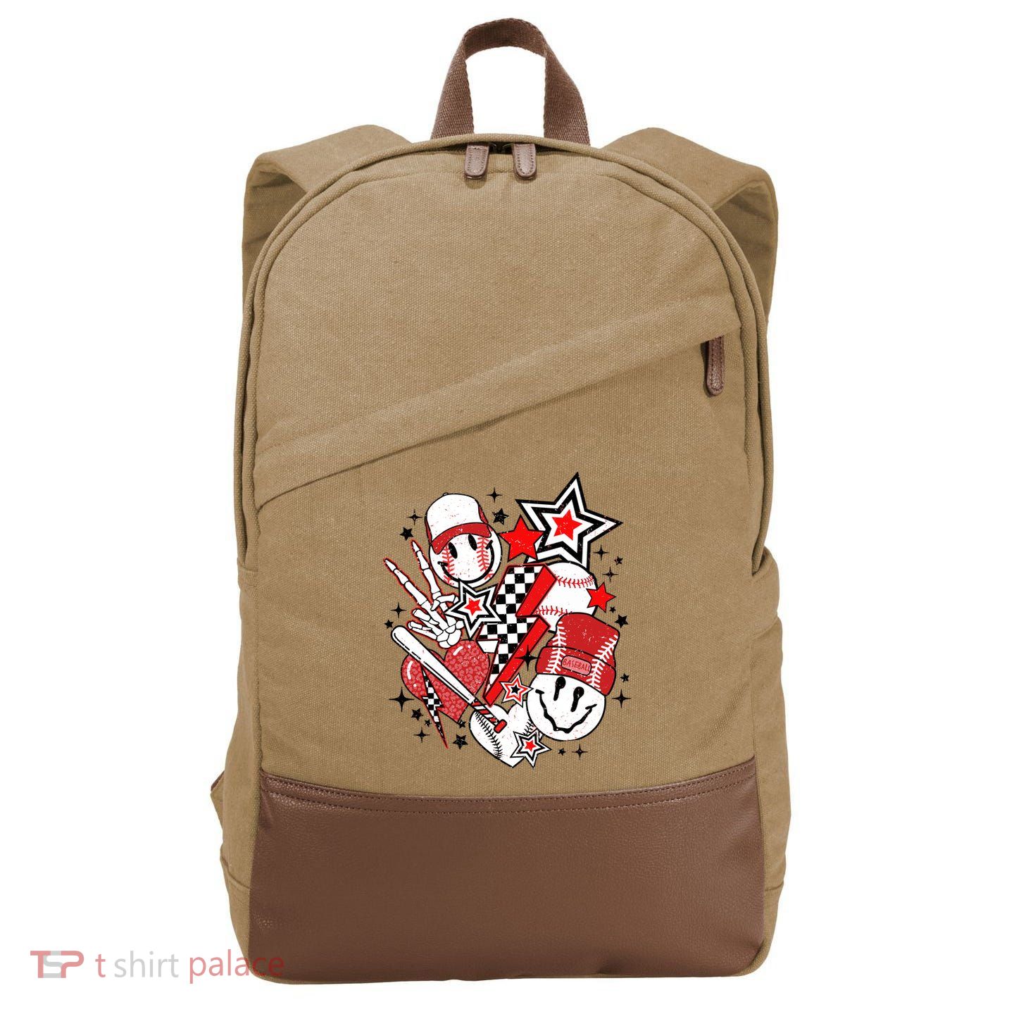 Retro Baseball Vibes Funny Smile Face Meme Cotton Canvas Backpack